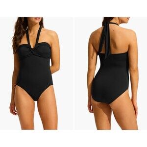 Seafolly Women's Black Halter Plunge One-Piece Swimsuit Size 6 NWT $178 MSRP
